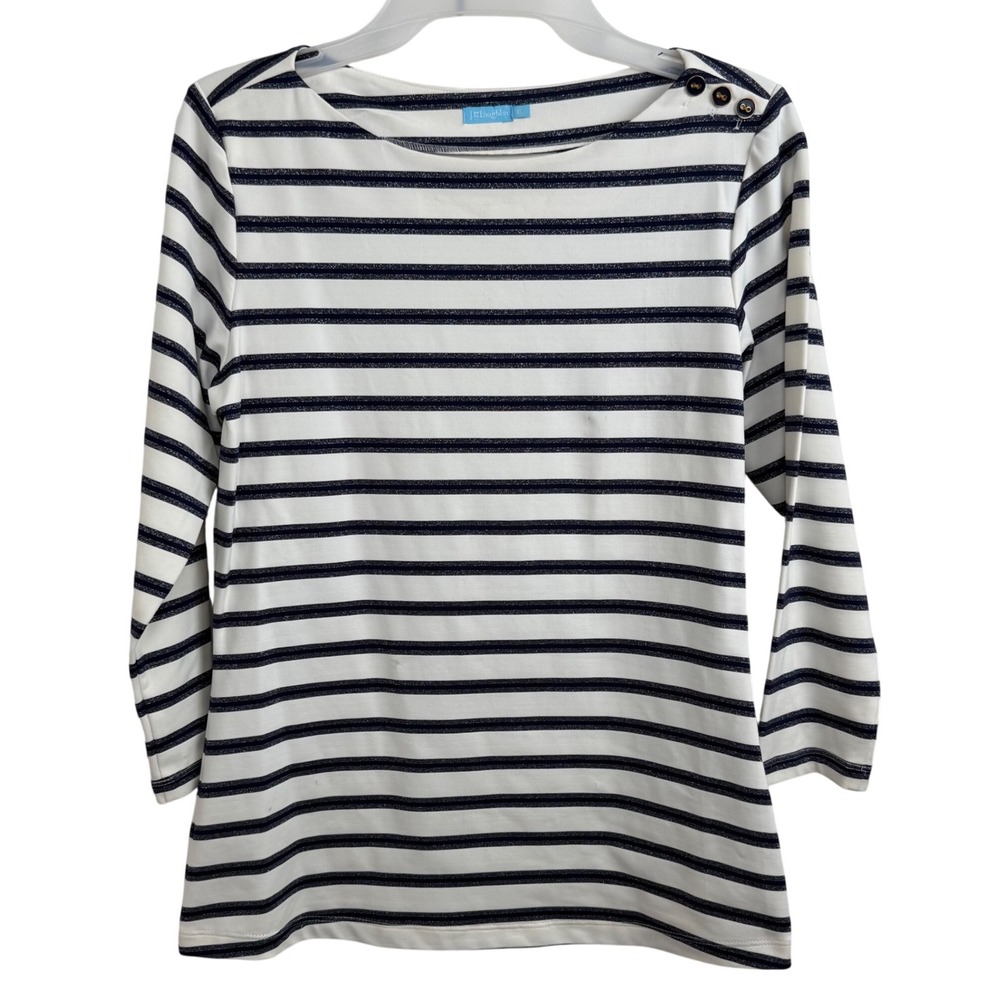 J. McLaughlin Nautical Stripe Button Shoulder Top 3/4 Sleeve Breton XS Glitter